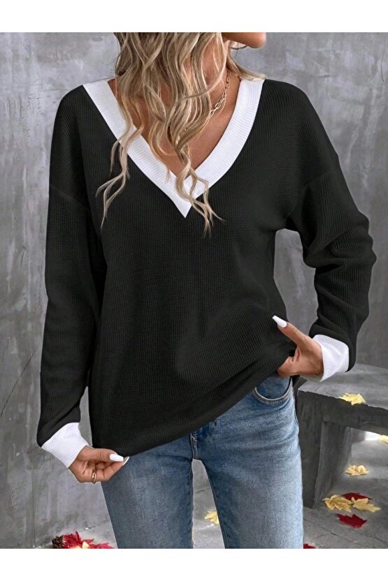 Kadın Uzun Kollu V Yakalı Waffle Bluz