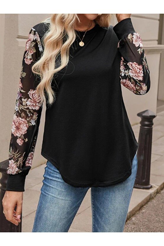 Kadın Uzun Kollu Bisiklet Yakalı Kolun çiçek Desenli Viskon Iki Iplik Bluz