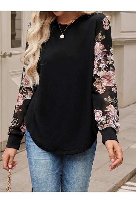 Kadın Uzun Kollu Bisiklet Yakalı Kolun çiçek Desenli Viskon Iki Iplik Bluz