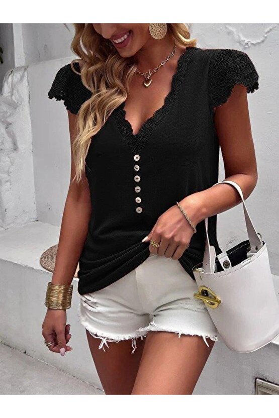 Kadın Kısa Kollu V Yakalı önü Düğmeli Viskon Bluz