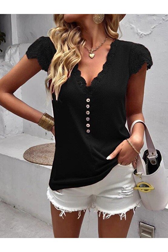 Kadın Kısa Kollu V Yakalı önü Düğmeli Viskon Bluz