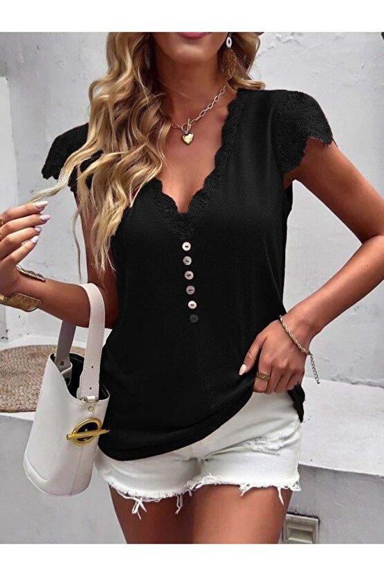 Kadın Kısa Kollu V Yakalı önü Düğmeli Viskon Bluz