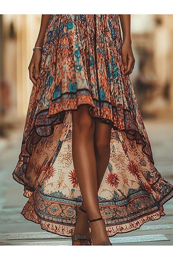 Kadın Askılı Derin Göğüs Detaylı Asimetrik Detaylı Süprem Elbise