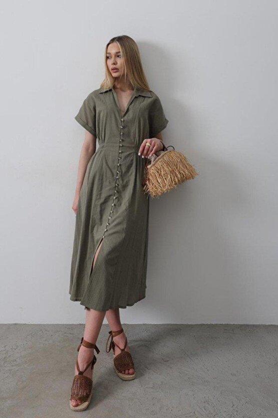 Önü Düğmeli Kısa Kol Elbise Haki