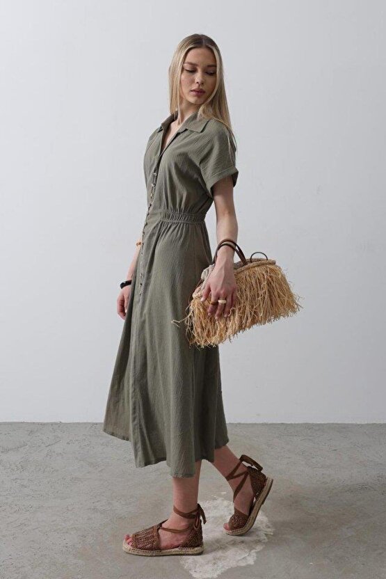 Önü Düğmeli Kısa Kol Elbise Haki