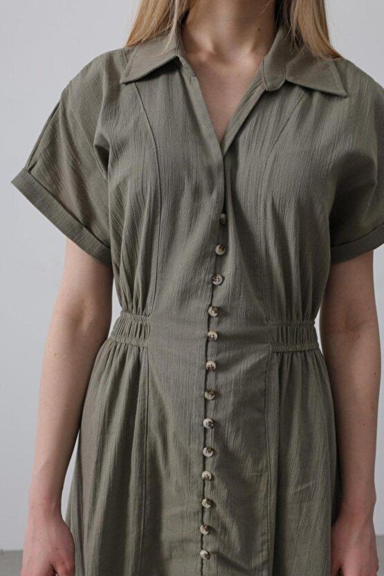 Önü Düğmeli Kısa Kol Elbise Haki