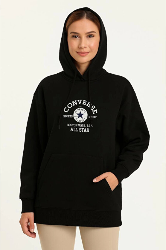 EQURİ Üç İplik Kapşonlu ön Ve Arka Baskılı SweatShirt Hoodie- Siyah