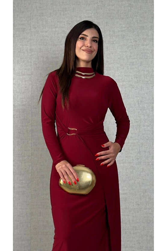 Kadın Balıkçı Yaka Toka Detay Sandy Kumaş Midi Boy Elbise