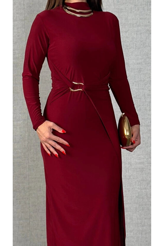 Kadın Balıkçı Yaka Toka Detay Sandy Kumaş Midi Boy Elbise