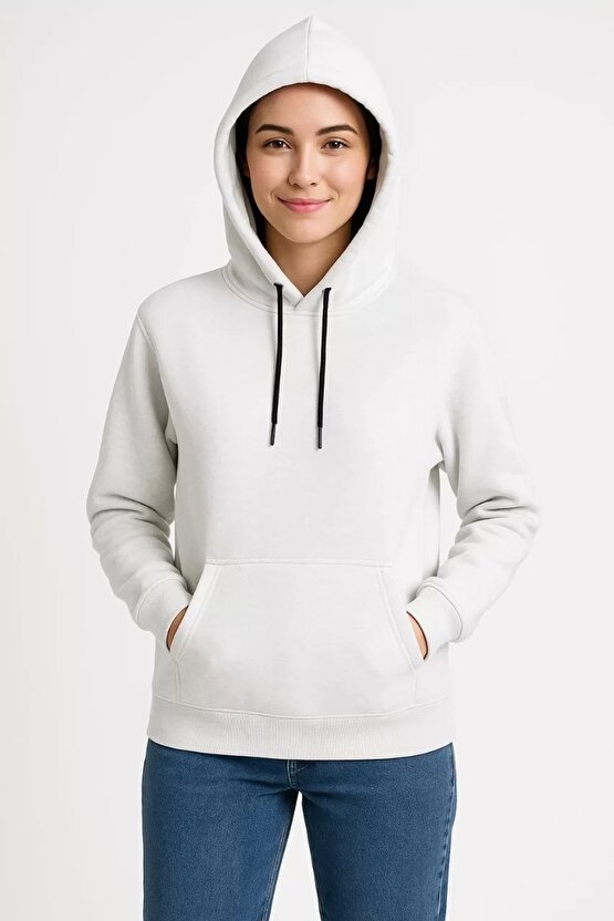 Üç İplik Kapüşonlu Kanguru Çepli SweatShirt Hoodie - Beyaz