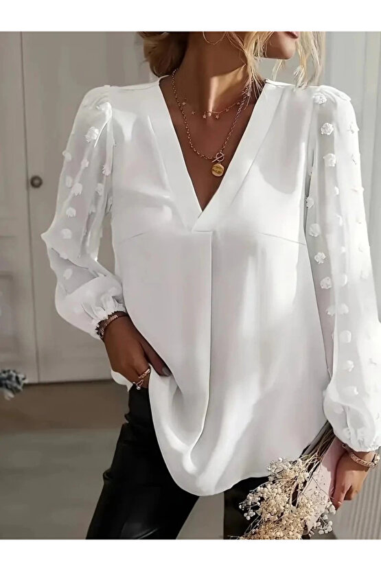 Kadın Uzun Kollu V Yakalı Kolları Popon Detaylı Sandy Bluz