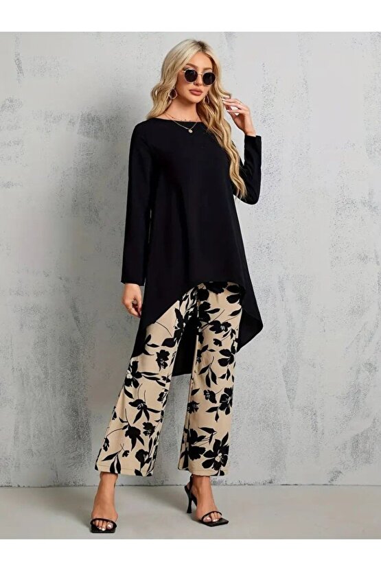 EQURİ Kadın Uzun Kollu Bisiklet Yaka Asimetrik Kesim Detaylı Viskon Bluz Ve çiçek Desenli Iki Iplik