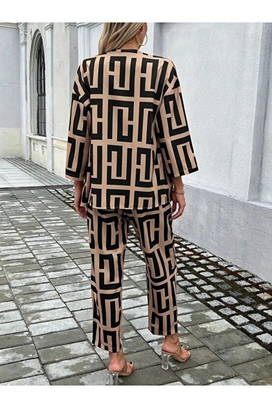 EQURİ Kadın Uzun Kollu önü Açık Desenli Iki Iplik Ceket Ve Pantolon Ikili Takım