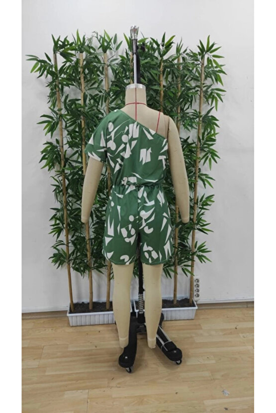 Kadın Tek Omuzdan Açık Beli Lastikli Desenli Süprem Tulum