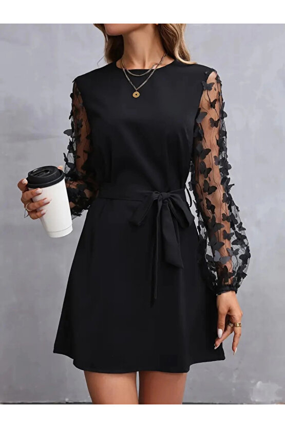 Kadın Uzun Kollu Bisiklet Yaka Kollar Tül Kelebek Detaylı Ithal Krep Elbise