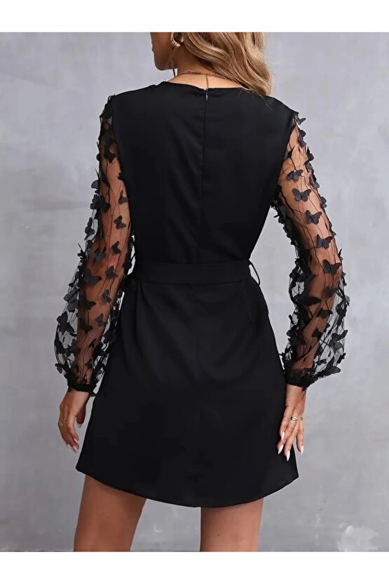 Kadın Uzun Kollu Bisiklet Yaka Kollar Tül Kelebek Detaylı Ithal Krep Elbise