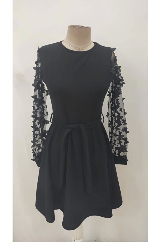 Kadın Uzun Kollu Bisiklet Yaka Kollar Tül Kelebek Detaylı Ithal Krep Elbise