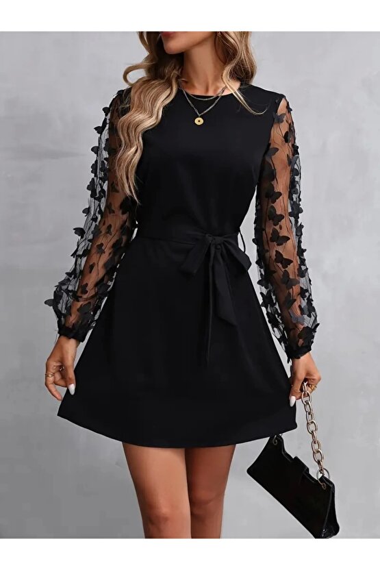 Kadın Uzun Kollu Bisiklet Yaka Kollar Tül Kelebek Detaylı Ithal Krep Elbise