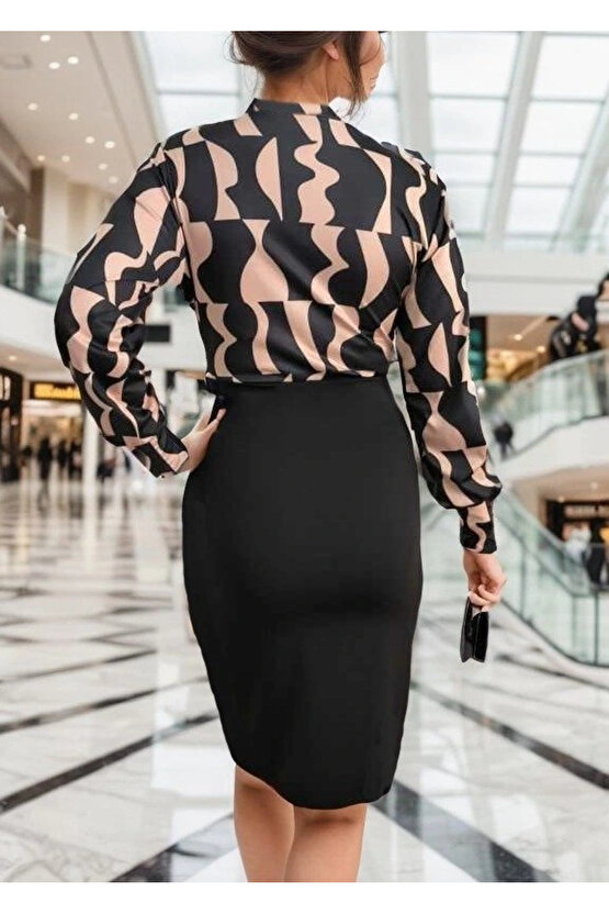 Kadın Uzun Kollu Kruvaze Yaka Dijital Baskılı Fiyonk Detay Atlas Kumaş Elbise