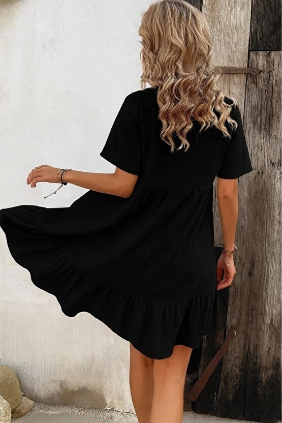 Kadın Kısa Kollu Yakası Bağcıklı önden Düğmeli Fırfır Desenli Süprem Elbise