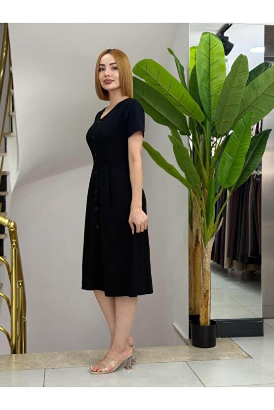 Kadın Kısa Kollu V Yakalı önden Düğmeli A Kesim Dokuma Elbise