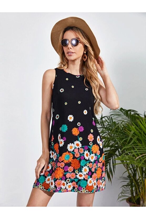 EQURİ Kadın Sıfır Kollu Bisiklet Yaka çiçek Desenli Süprem Mini Elbise