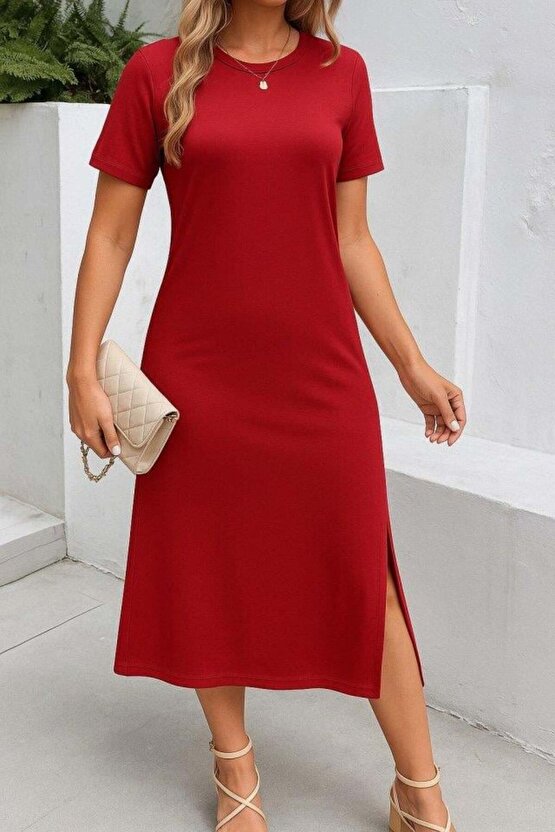 Kadın Kısa Kollu Bisiklet Yaka Yandan Yırtmaçlı Viskon Elbise