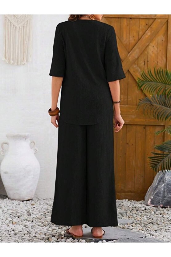 EQURİ Kadın Kısa Kollu V Hakim Yaka Düğmeli Bürümcük Bluz Ve Pantolon Ikili Takım