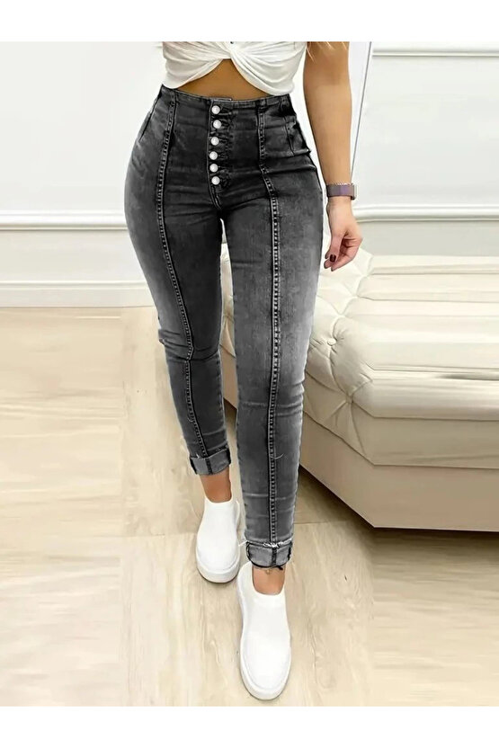 Kadın Yüksek Bel önden Düğmeli Jean Pantolon