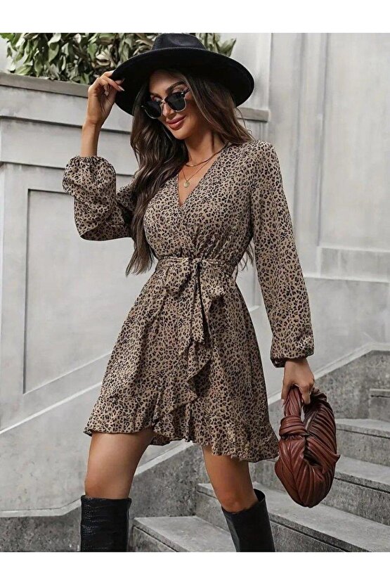 Kadın Uzun Kollu Kruvaze Yakalı Kuşaklı Desenli Kısa Modal Mini Elbise