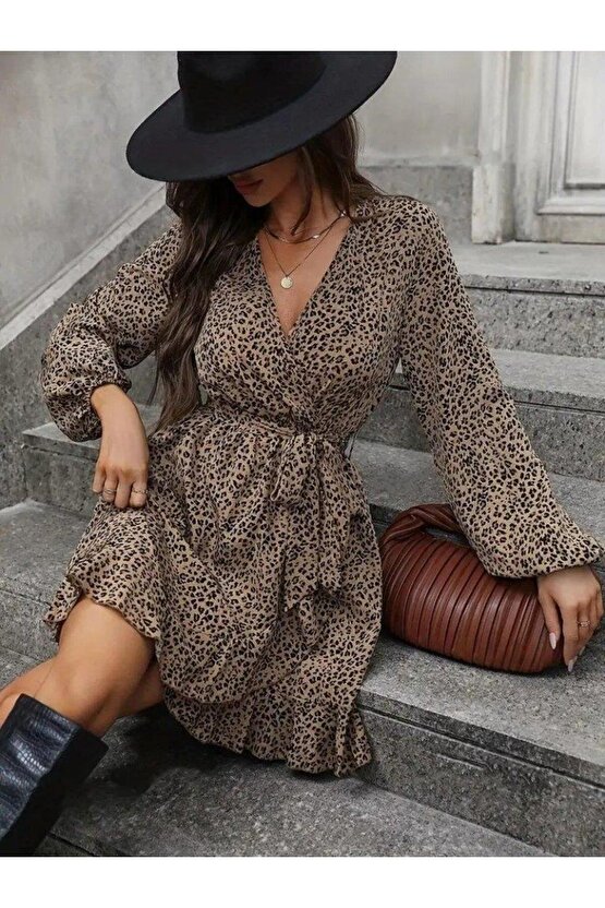 Kadın Uzun Kollu Kruvaze Yakalı Kuşaklı Desenli Kısa Modal Mini Elbise