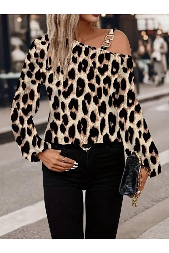 Kadın Uzun Kollu Tek Omuzu Açık Tokalı Leopar Desenli Modal Bluz