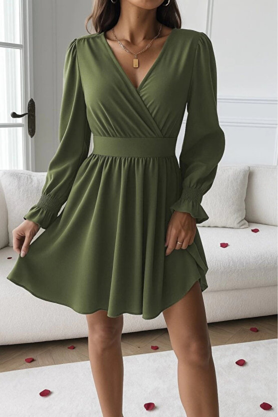 Kadın Uzun Kollu Kruvaze Yakalı Mini Sandy Elbise