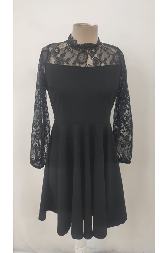 Kadın Uzun Kollu Dantelli Kloş Mini Ithal Krep Elbise
