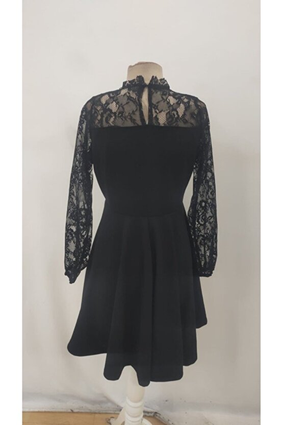 Kadın Uzun Kollu Dantelli Kloş Mini Ithal Krep Elbise