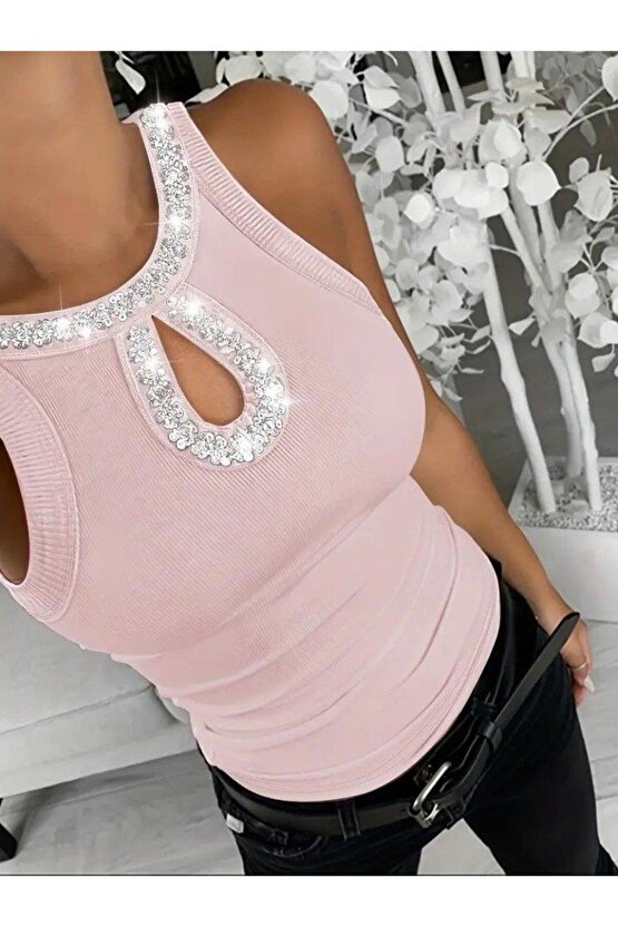 Kadın Halter Kollu Yuvarlak Taşlı Yaka Damla Detaylı Kaşkorse Bluz
