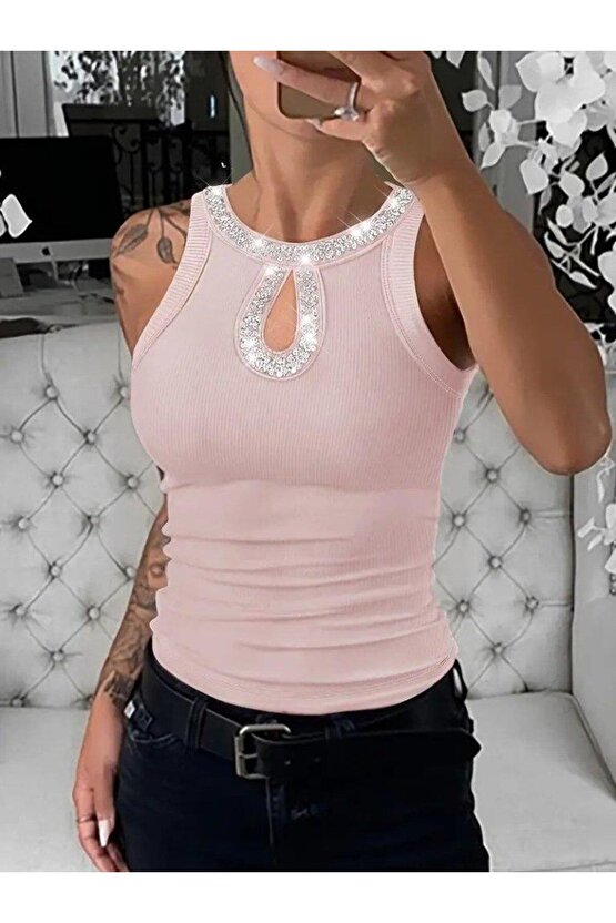 Kadın Halter Kollu Yuvarlak Taşlı Yaka Damla Detaylı Kaşkorse Bluz