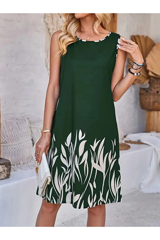 Kadın Askılı Yuvarlak Yakalı Yaprak Desenli Dalgıç Elbise