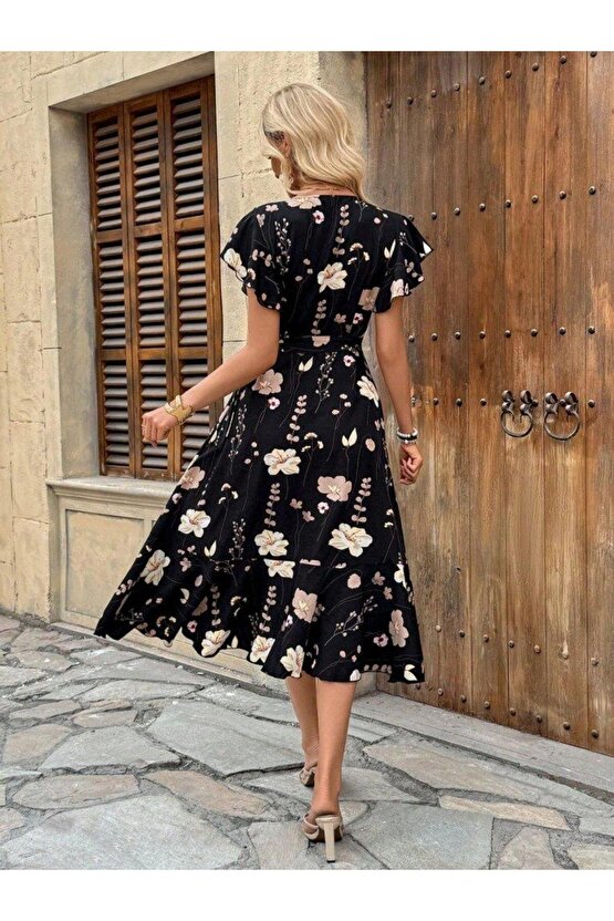 Kadın Kısa Kelebek Kollu Kruvaze Yakalı Belden Kuşaklı Midi Süprem Elbise