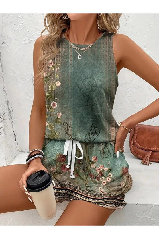 Kadın Askılı Yuvarlak Yaka çiçek Baskılı Süprme Bluz Ve Short Ikili Takım