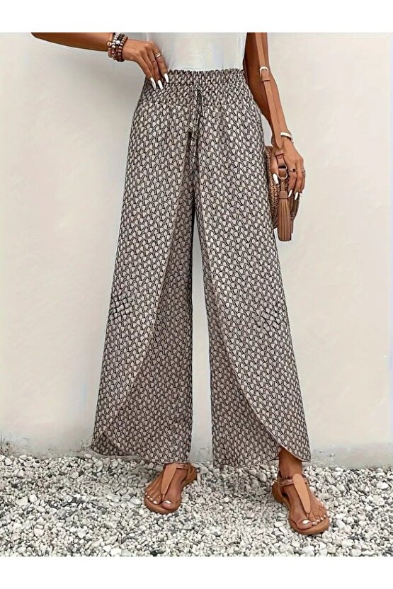 eyesof Kadın Yüksek Bel Lastikli önden Iki Parçalı Desenli Bürümcük Pantolon
