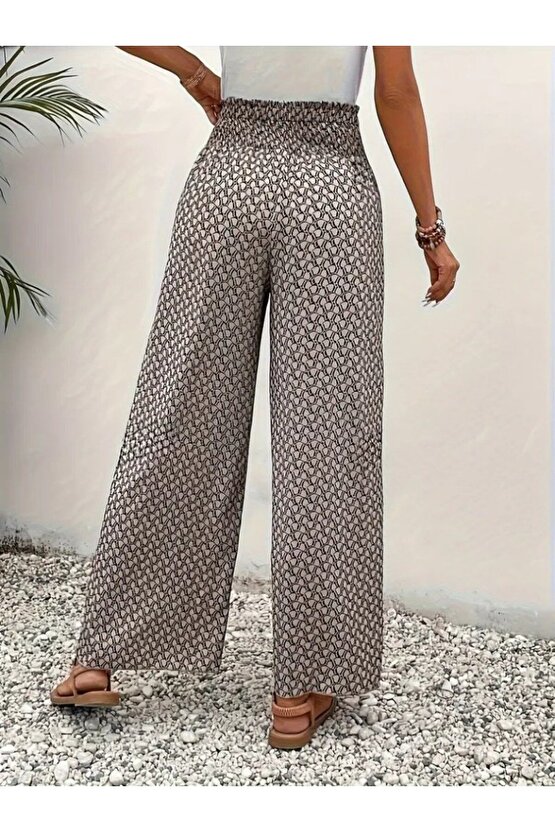 Kadın Yüksek Bel Lastikli önden Iki Parçalı Desenli Bürümcük Pantolon