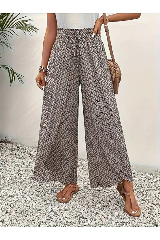 Kadın Yüksek Bel Lastikli önden Iki Parçalı Desenli Bürümcük Pantolon