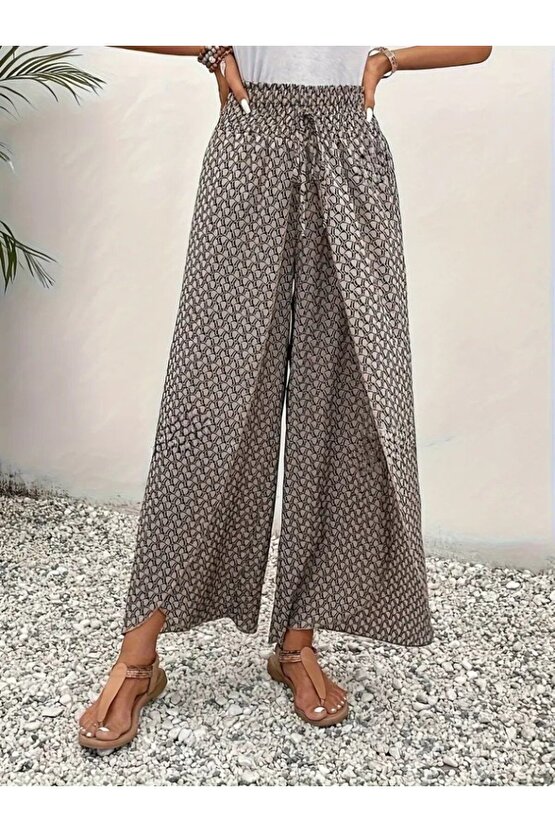 Kadın Yüksek Bel Lastikli önden Iki Parçalı Desenli Bürümcük Pantolon