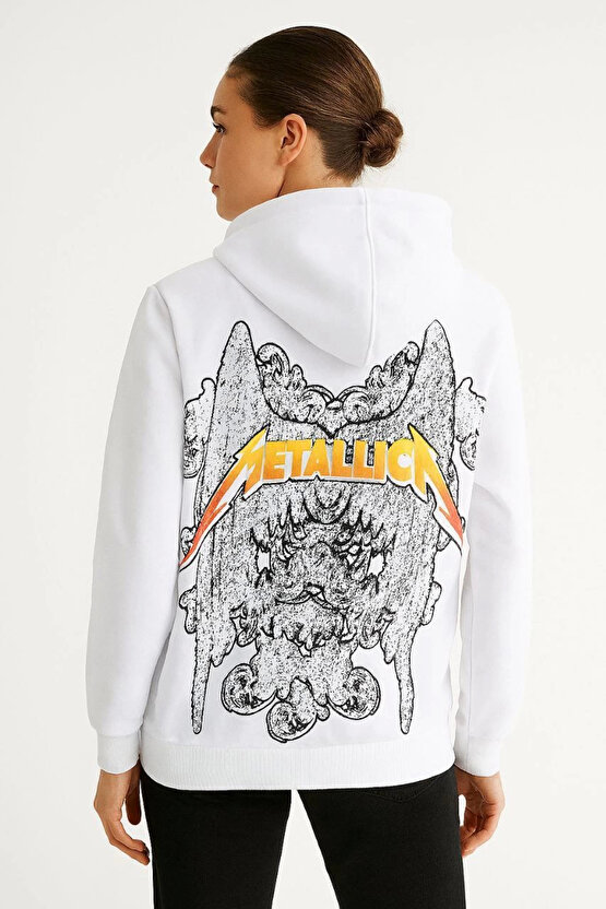 Metallica İki İplik Kapüşonlu Ön ve Arka Baskılı hoodie - Beyaz -VLMR