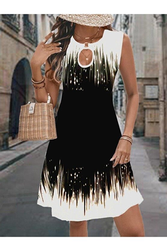 Kadın Yaka Damla Dekolteli Siyah Beyaz Desenli Dalgıç Elbise