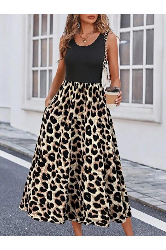 Kadın Askılı Yuvarlak Yaka üst Viskon Alt Leopar Desenli Süprem Uzun Elbise