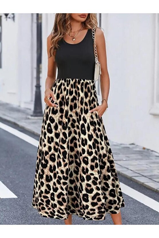 Kadın Askılı Yuvarlak Yaka üst Viskon Alt Leopar Desenli Süprem Uzun Elbise
