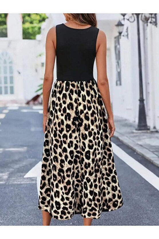 Kadın Askılı Yuvarlak Yaka üst Viskon Alt Leopar Desenli Süprem Uzun Elbise