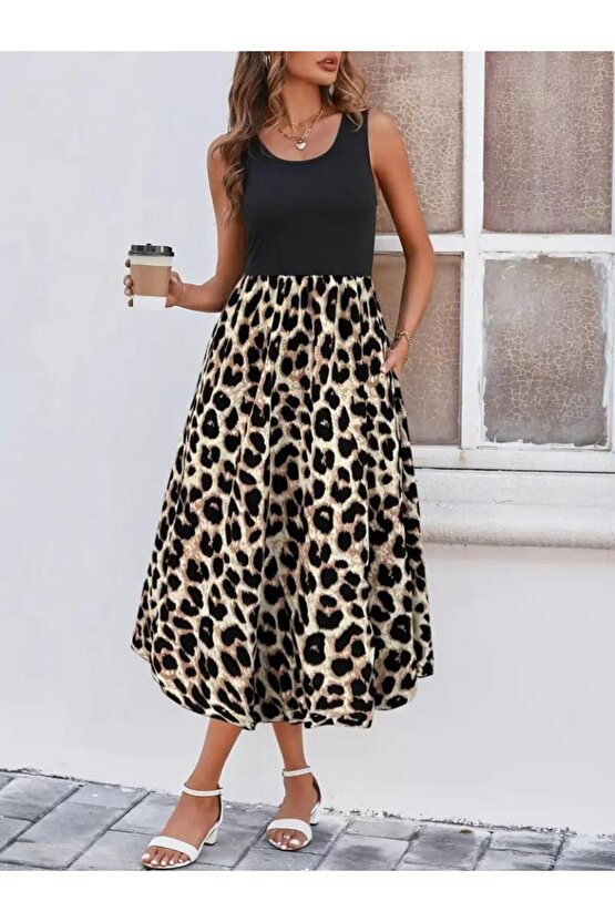 Kadın Askılı Yuvarlak Yaka üst Viskon Alt Leopar Desenli Süprem Uzun Elbise